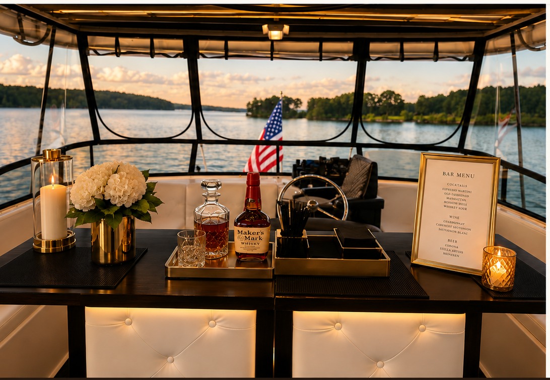 Elegant lakeside boat bar setup with decanter, bar menu, and candlelight