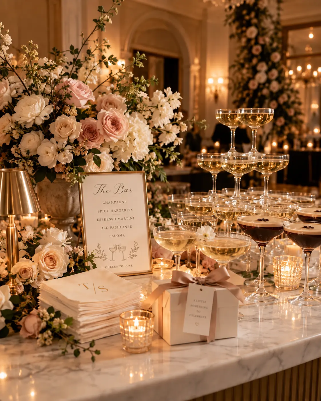 Candlelit engagement bar with blush florals, a gold lamp, The Bar menu sign, monogram napkins, a champagne tower and espresso martinis